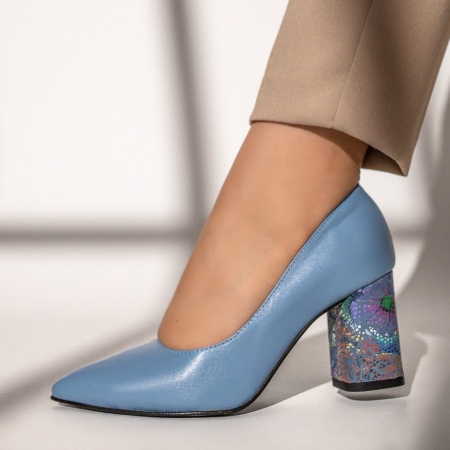 Pantofi dama, Pantofi cu toc dama si print albastri din Piele naturala MOD12047, modlet.ro