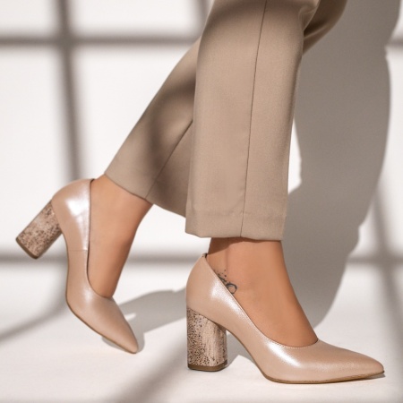 Pantofi cu toc dama si print bej sidefat din Piele naturala MOD12047, 3, modlet.ro
