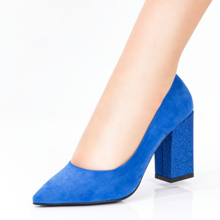Oferta zilei, Pantofi cu toc gros dama albastri suede glitter ZEF08378 - zeforia.ro