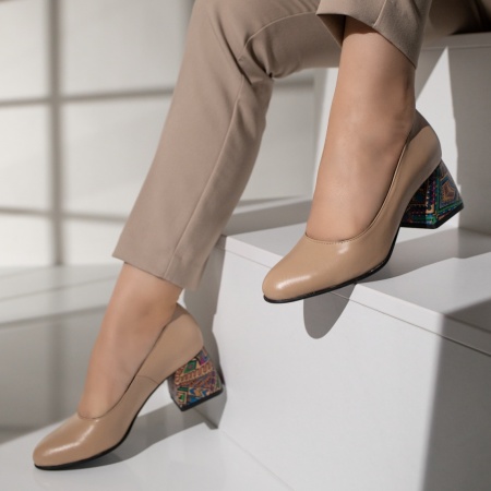 Pantofi cu toc gros dama bej inchis din Piele naturala MOD12048, 2, modlet.ro