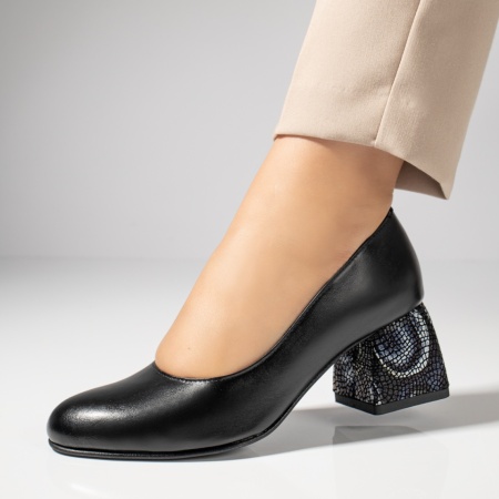 Pantofi cu toc mic dama, Pantofi cu toc gros dama negri si imprimeu din Piele naturala MOD12048, modlet.ro