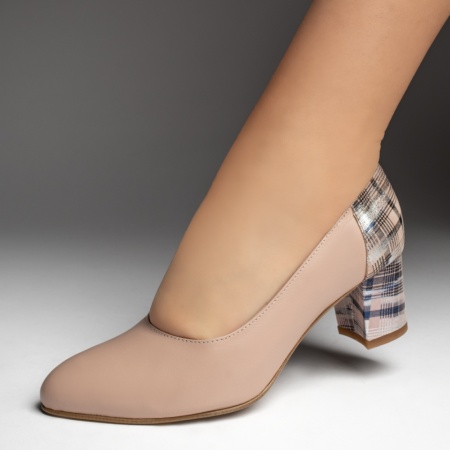 Pantofi cu toc gros dama si imprimeu bej din Piele naturala ZEF13474