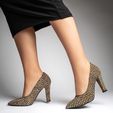 Pantofi dama, Pantofi cu toc gros dama si imprimeu khaki din Piele naturala MOD12739, modlet.ro