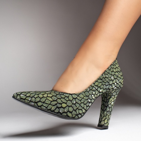 Pantofi cu toc gros dama si imprimeu verde din Piele naturala MOD12739, 3, modlet.ro