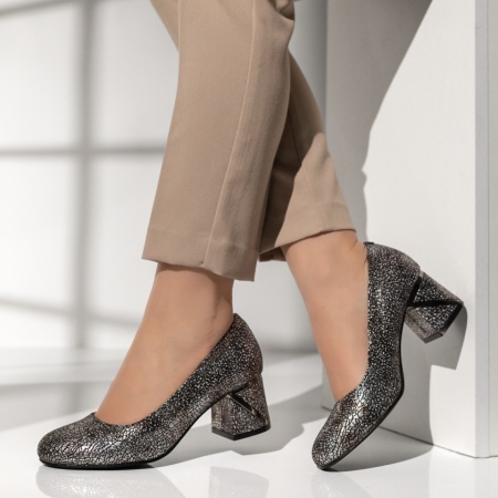 Pantofi cu toc gros dama si print negri cu argintiu MOD14193, 2, modlet.ro