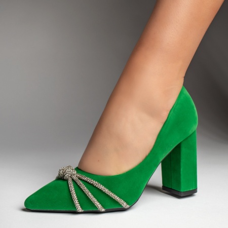 Pantofi cu toc gros dama, Pantofi cu toc gros si strasuri aplicate verde suede MOD10990, modlet.ro