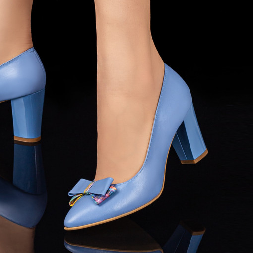 Pantofi cu toc, Pantofi dama albastri cu toc si fundita din Piele naturala ZEF03560 - zeforia.ro