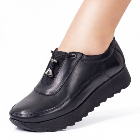 Pantofi dama casual cu siret elastic din Piele naturala negri ZEF00300