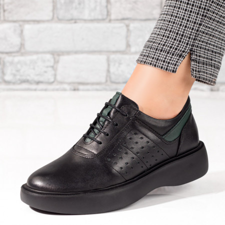 Pantofi casual dama, Pantofi dama casual cu siret negri cu verde din Piele naturala ZEF10215 - zeforia.ro