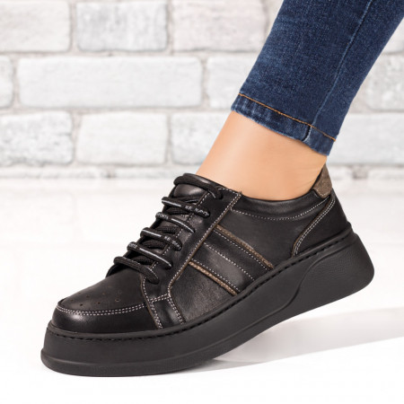 Pantofi casual dama, Pantofi dama casual cu siret si talpa groasa negri din Piele naturala ZEF10390 - zeforia.ro