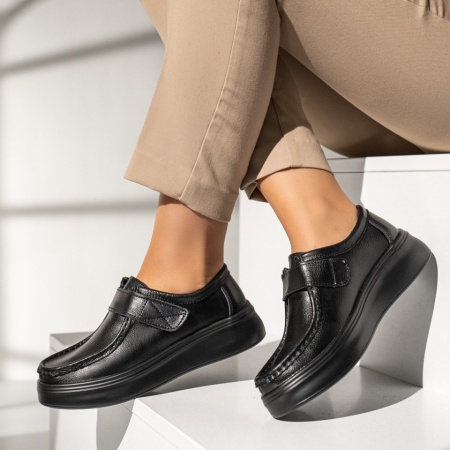 Pantofi dama casual cu talpa groasa negri din Piele naturala MOD13974