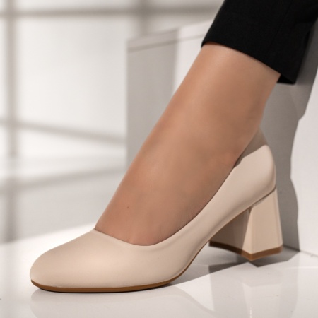 Pantofi cu toc gros dama, Pantofi dama cu toc bej MOD12109, modlet.ro