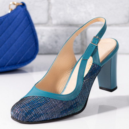 Pantofi cu toc gros dama, Pantofi dama cu toc gros albastri cu print din Piele naturala ZEF09535 - zeforia.ro
