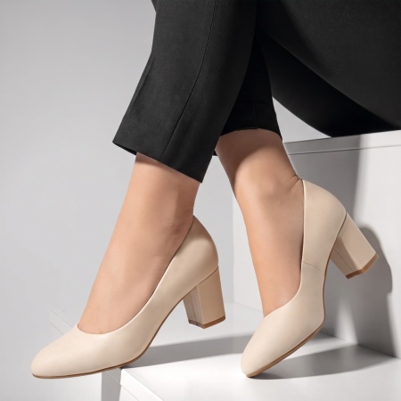 Pantofi dama cu toc gros bej din satin INA26, 3, modlet.ro