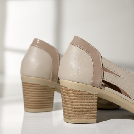 Pantofi dama cu toc gros decupati bej MOD14260, 3, modlet.ro