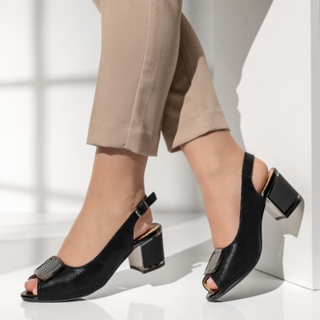 Pantofi dama cu toc gros decupati negri MOD14191, 2, modlet.ro