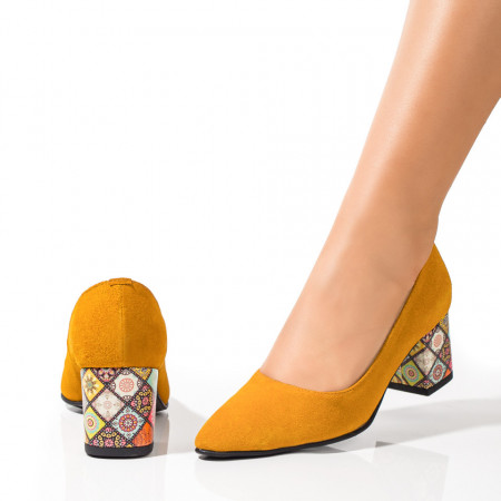 Pantofi dama cu toc gros galbeni suede din Piele naturala MOD09737, 3, modlet.ro