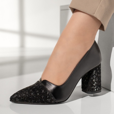 Pantofi dama, Pantofi dama cu toc gros negri cu imprimeu din Piele naturala MOD13133, modlet.ro