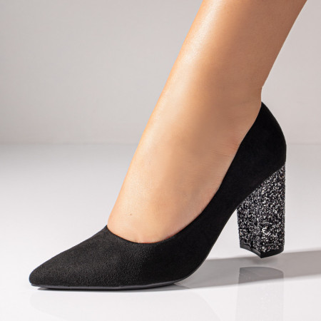 Pantofi dama, Pantofi dama cu toc gros negri suede cu toc argintiu MOD08567, modlet.ro