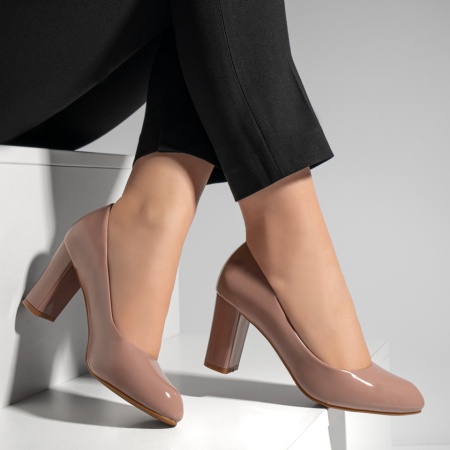 Pantofi dama cu toc gros nude luciosi MOD02836, 4, modlet.ro