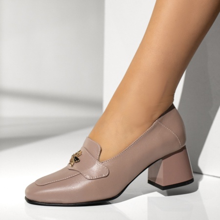 Pantofi dama cu toc gros si accesoriu metalic khaki din Piele naturala MOD13959