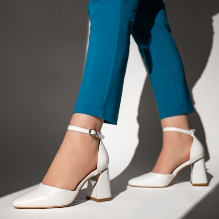 Pantofi dama, Pantofi dama cu toc gros si bareta albi MOD13101, modlet.ro