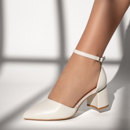 Pantofi dama cu toc gros si bareta albi MOD13377, 4, modlet.ro