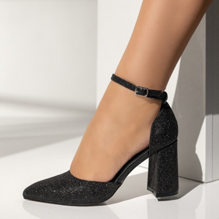 Pantofi dama cu toc gros si bareta negri glitter MOD13922