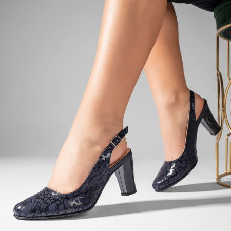Pantofi cu toc, Pantofi dama cu toc gros si imprimeu albastri din Piele naturala ZEF07637 - zeforia.ro