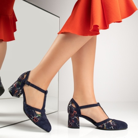 Pantofi dama cu toc gros si imprimeu albastru suede din Piele naturala MOD13600, 3, modlet.ro