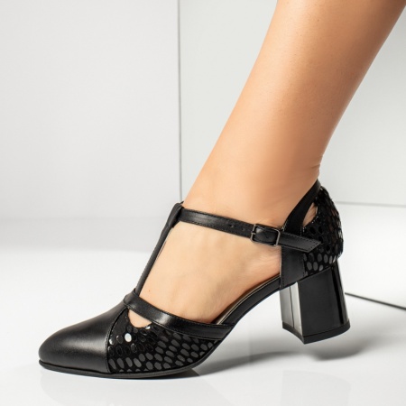 Pantofi dama cu toc gros si imprimeu negri din Piele naturala MOD13600