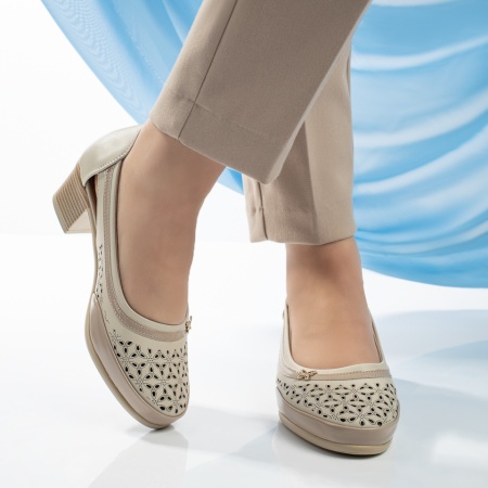 Pantofi dama cu toc gros si perforatii bej MOD13340, 3, modlet.ro