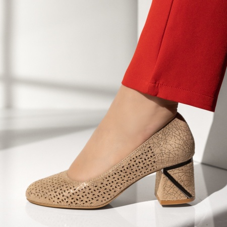Pantofi dama cu toc gros si print bej ANA84, 2, modlet.ro