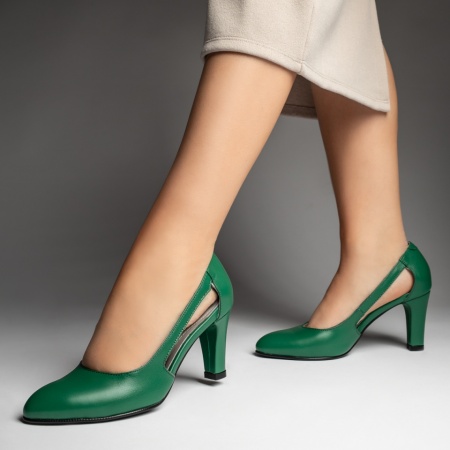 Pantofi dama, Pantofi dama cu toc gros verzi din Piele naturala MOD13129, modlet.ro