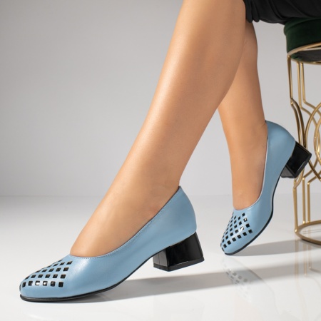 Pantofi dama, Pantofi dama cu toc mic albastri din Piele naturala MOD12144, modlet.ro