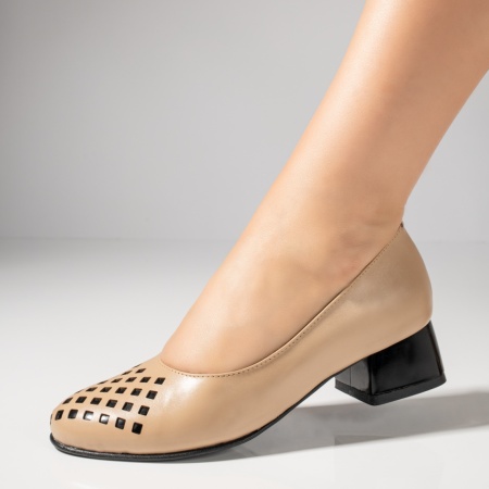 Pantofi dama cu toc mic bej din Piele naturala MOD12144, 3, modlet.ro
