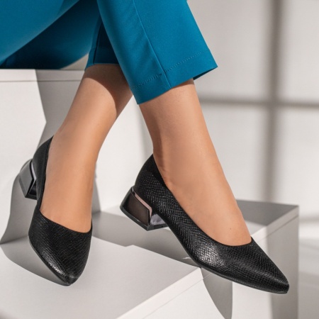 Pantofi dama cu toc mic si imprimeu negri MOD12128, 3, modlet.ro