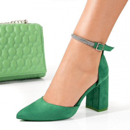 Pantofi dama, Pantofi dama cu toc si bareta cu strasuri verzi suede MOD08564, modlet.ro