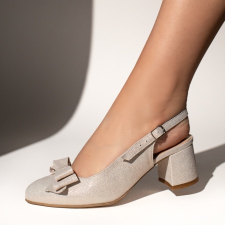 Pantofi dama, Pantofi dama cu toc si fundita bej glitter din Piele naturala MOD13496, modlet.ro