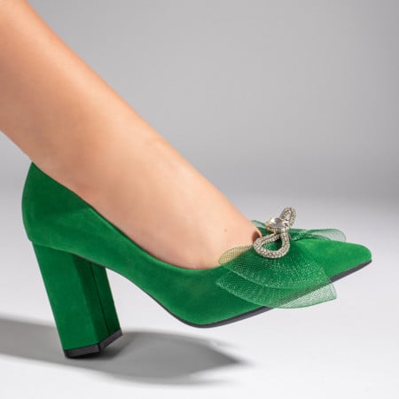 Pantofi cu toc, Pantofi dama cu toc si fundita verde suede ZEF10991, zeforia.ro