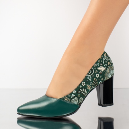 Pantofi dama cu toc si imprimeu floral verzi din Piele naturala ZEF13653