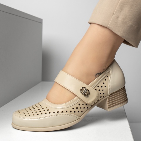 Pantofi dama cu toc si inchidere cu scai bej ZEF13255, 2, zeforia.ro