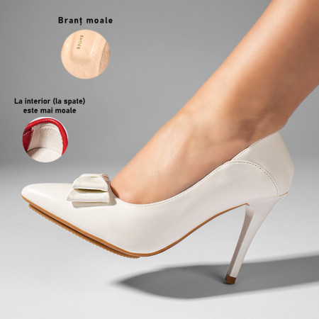Pantofi dama, Pantofi dama cu toc subtire albi cu fundita MOD10961, modlet.ro