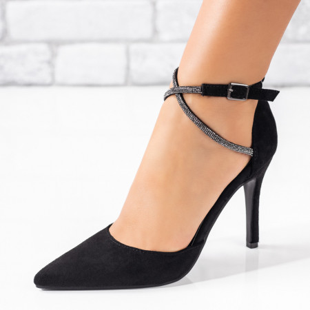 Pantofi dama, Pantofi dama cu toc subtire si bareta cu strasuri negri suede MOD09038, modlet.ro