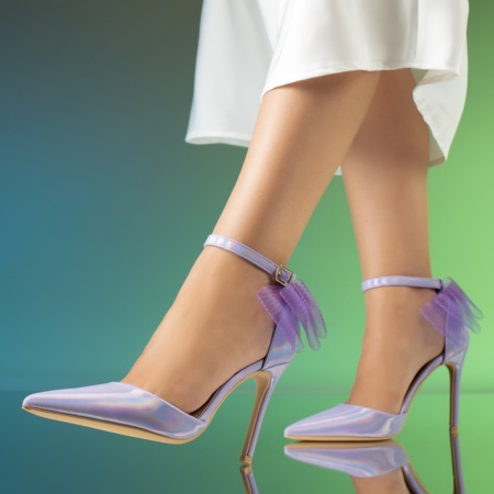 Pantofi dama cu toc subtire si fundita mov cu reflexii MOD13914