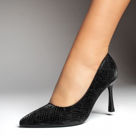 Pantofi Stiletto, Pantofi dama cu toc subtire si print negri MOD13700, modlet.ro