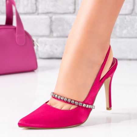 Incaltaminte dama, Pantofi dama roz din satin cu toc subtire si strasuri ZEF09106 - zeforia.ro