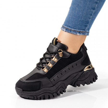 Adidasi dama, Pantofi dama sport cu siret si talpa groasa negri cu auriu MOD09790, modlet.ro