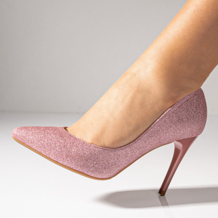 Pantofi cu toc, Pantofi dama Stiletto roz glitter ZEF03727 - zeforia.ro