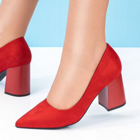 Incaltaminte dama, Pantofi rosii suede dama cu toc gros ZEF06135 - zeforia.ro